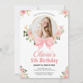 Invitation Pink Floral Bow Photo Girl Anniversaire (Devant)