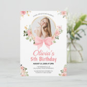 Invitation Pink Floral Bow Photo Girl Anniversaire (Debout devant)
