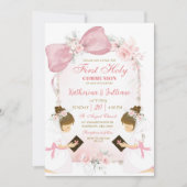 Invitation Pink Floral Bow Twins Girl First Holy Communion (Devant)