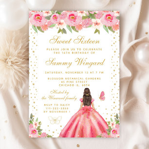 Invitation Pink Floral Brunette Hair Princess Sweet sixteen