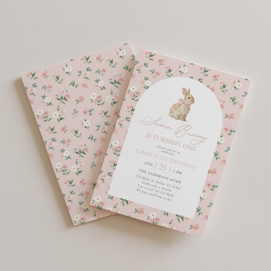 Invitation Pink Floral Bunny 1st Birthday