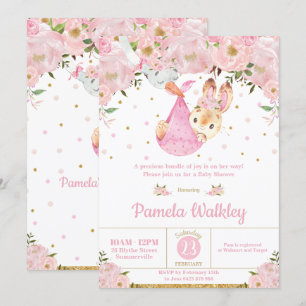 Invitation Pink Floral Bunny Stork Bundle Baby shower fille