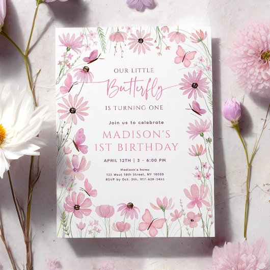Invitation Pink Floral Butterfly First Birthday