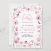 Invitation Pink Floral Butterfly First Birthday (Devant)