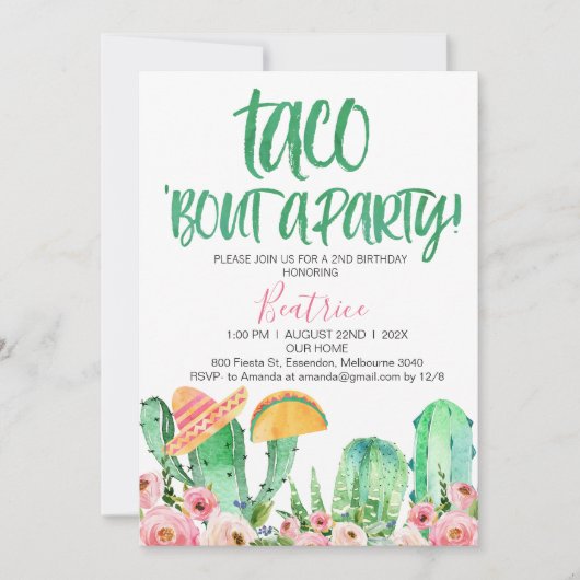 Invitation Pink Floral Cactus Taco Bout Une fête Anniversaire (Devant)