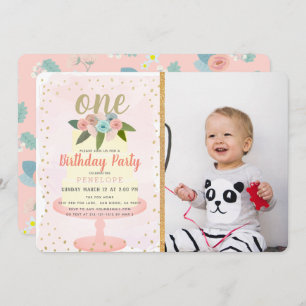 Invitation Pink Floral Cake Girl Photo 1er anniversaire