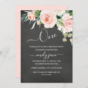 Invitation Pink Floral Chalkboard Premier anniversaire