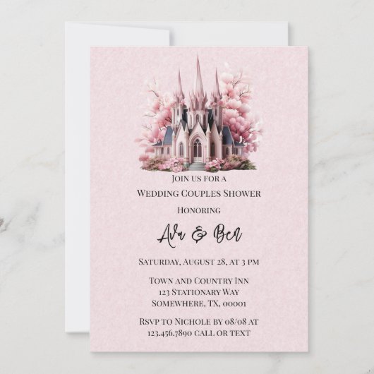 Invitation Pink Floral Church Peint Mariage Couples Douche (Devant)
