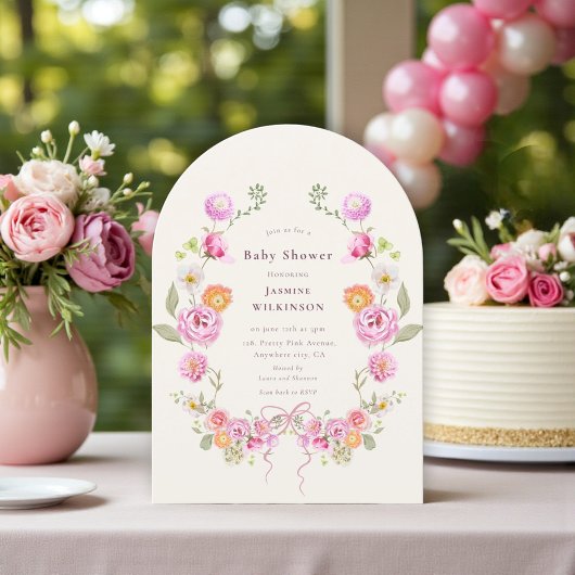 Invitation Pink Floral coquette Wreath Baby Shower QR Invite