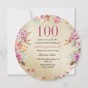 Invitation Pink Floral Country Gold 100e fête d'anniversaire