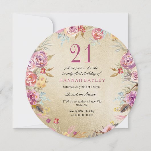 Invitation Pink Floral Country Gold 21e fête d'anniversaire (Devant)