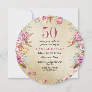 Invitation Pink Floral Country Gold 50e fête d'anniversaire