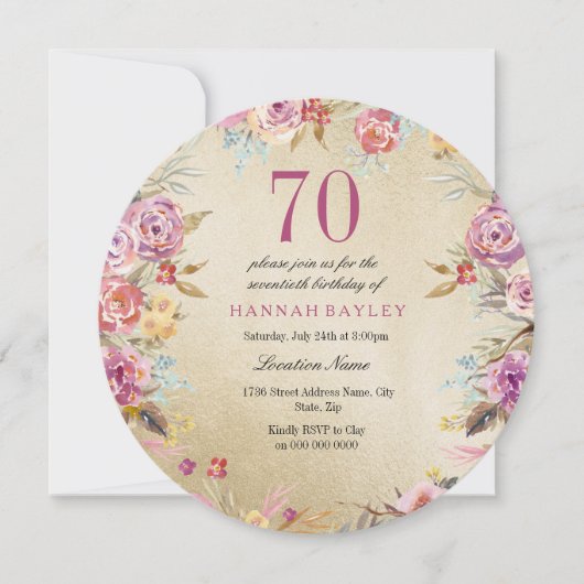Invitation Pink Floral Country Gold 70e fête d'anniversaire (Devant)
