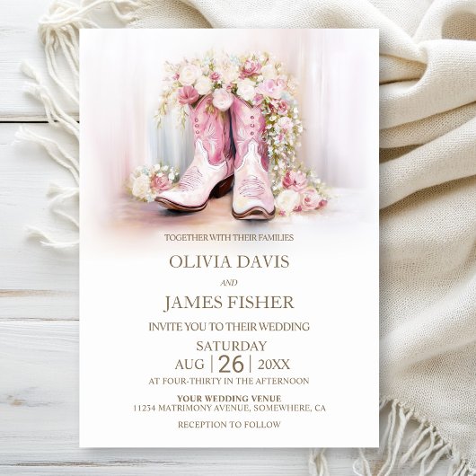 Invitation Pink Floral Cowgirl Boots Wedding
