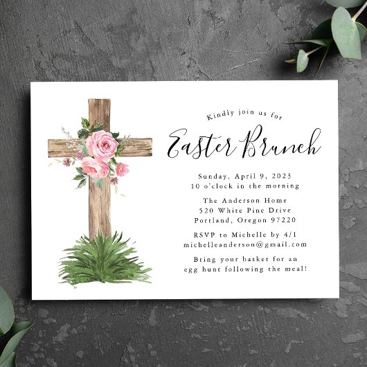 Invitation Pink Floral Cross Brunch de Pâques