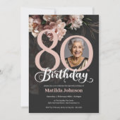 Invitation Pink Floral Dark Grey Photo 80e anniversaire (Devant)