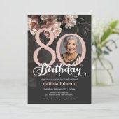 Invitation Pink Floral Dark Grey Photo 80e anniversaire (Debout devant)