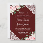 Invitation Pink Floral dentelle Bourgogne QR Code Mariage mus (Devant)