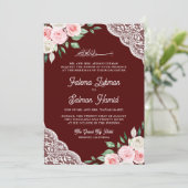 Invitation Pink Floral dentelle Bourgogne QR Code Mariage mus (Debout devant)