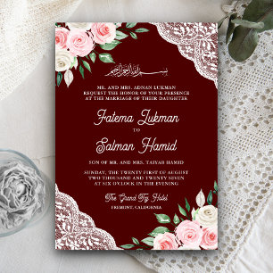 Invitation Pink Floral dentelle Bourgogne QR Code Mariage mus