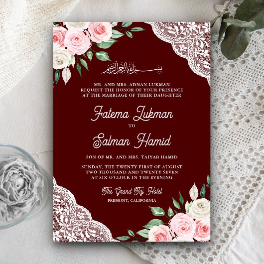 Invitation Pink Floral dentelle Bourgogne QR Code Mariage mus