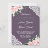 Invitation Pink Floral dentelle violet QR Code Mariage musulm (Devant)