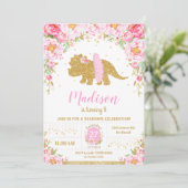 Invitation Pink Floral Dinosaur Tricératops Fille d'anniversa (Debout devant)