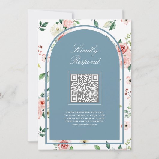 Invitation Pink Floral Doux Blue Lace QR Code Mariage musulma (Dos)