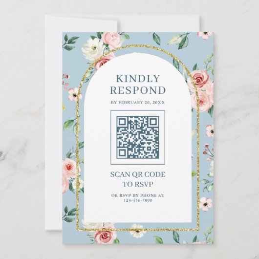Invitation Pink Floral Dusty Blue Arch QR Code Mariage musulm (Dos)
