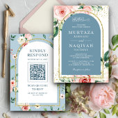 Invitation Pink Floral Dusty Blue Arch QR Code Mariage musulm