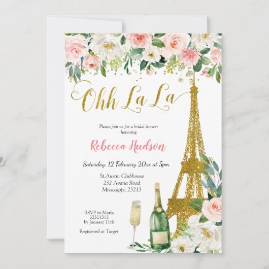 Invitation Pink Floral Eiffel Paris (Devant)