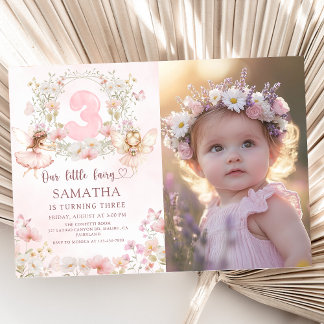 Invitation Pink Floral Fairy Garden 3rd Birthday Photo