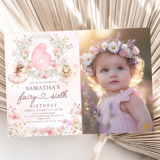 Invitation Pink Floral Fairy Garden 6th Birthday Photo