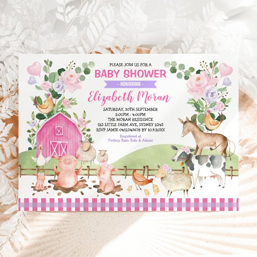 Invitation Pink Floral Farm Barnyard Animaux Fille Baby showe