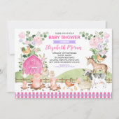 Invitation Pink Floral Farm Barnyard Animaux Fille Baby showe (Devant)