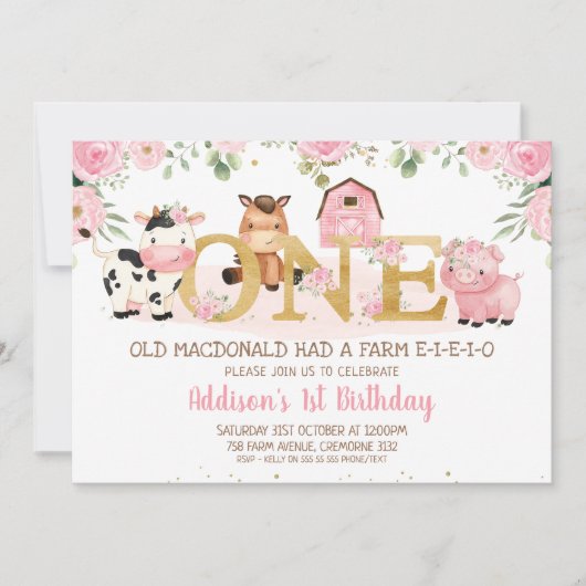 Invitation Pink Floral Farm Gold Un premier anniversaire (Devant)