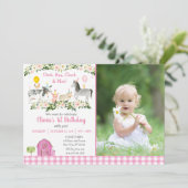 Invitation Pink Floral ferme animal 1er anniversaire (Debout devant)