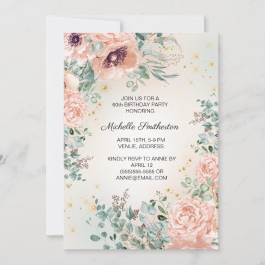 Invitation Pink Floral Foliage Gold Parties scintillant 60e a (Devant)