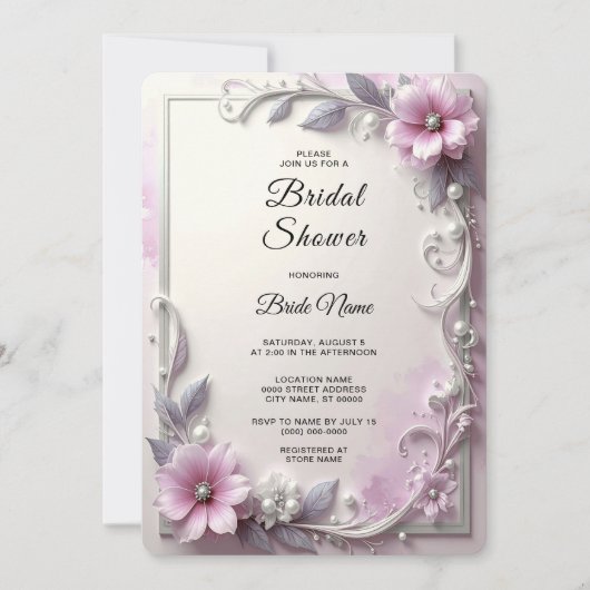 Invitation Pink Floral Frame Bridal Shower (Devant)