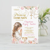 Invitation Pink Floral Girl Rosary Primera Comunion (Debout devant)