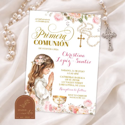 Invitation Pink Floral Girl Rosary Primera Comunion