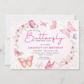 Invitation Pink floral Glitter a little Butterfly birthday  (Devant)
