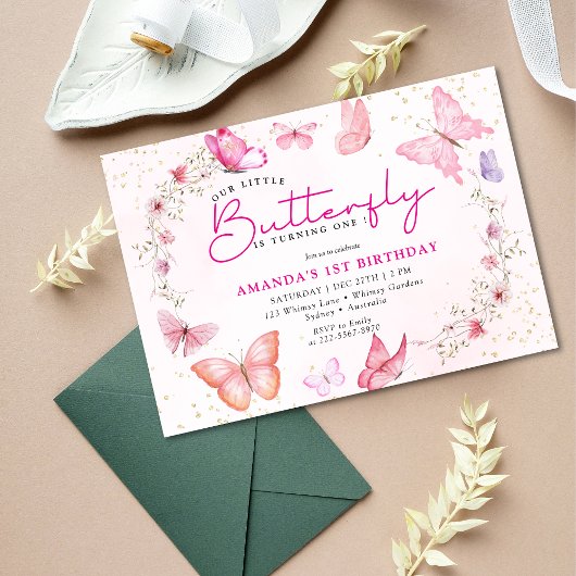 Invitation Pink floral Glitter a little Butterfly birthday 