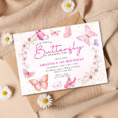 Invitation Pink floral Glitter a little Butterfly birthday 