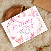 Invitation Pink floral Glitter a little Butterfly birthday 