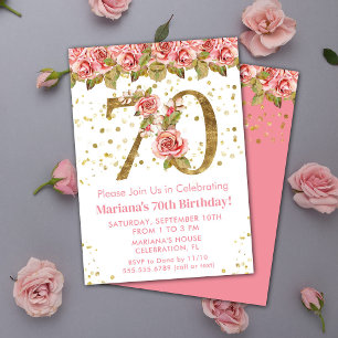 Invitation Pink Floral Gold Parties scintillant 70e fête d'an