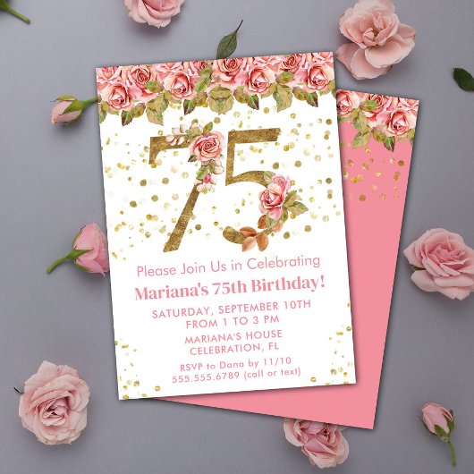 Invitation Pink Floral Gold Parties scintillant 75e fête d'an