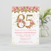 Invitation Pink Floral Gold Parties scintillant 85e fête d'an (Debout devant)