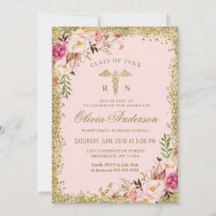 Invitation Pink Floral Gold Parties scintillant Infirmière di