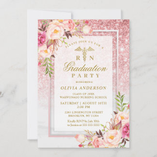 Invitation Pink Floral Gold Parties scintillant Infirmière di